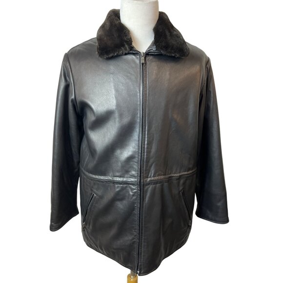Mens Black Lamb Leather Faux Fur Collar Jacket By Marc New York - New - Picture 1 of 10